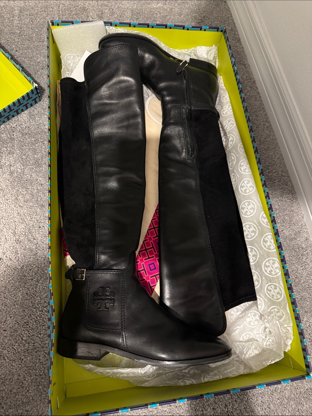 Tory Burch Black Leather & Suede Tall Riding Boots